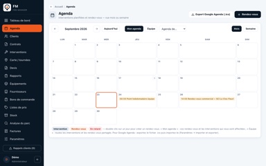 Agenda de Fire Manager avec les interventions de la semaine