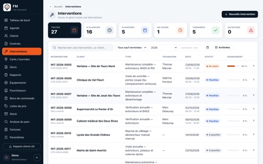 Liste des interventions planifiées et terminées dans Fire Manager