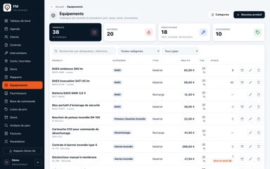 Parc d'équipements d'un client dans Fire Manager, avec statuts de vérification