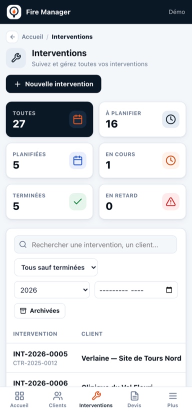 Écran terrain de Fire Manager sur tablette : checklist des extincteurs d'un site