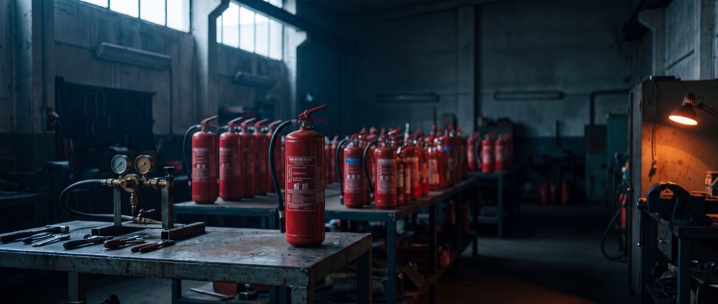 Rangées d'extincteurs alignés sur l'établi d'un atelier de maintenance