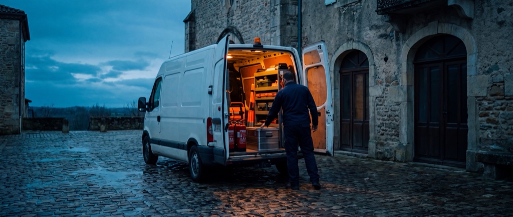 Fourgon d'intervention aux portes ouvertes à la tombée du jour, racks d'extincteurs rangés à l'arrière