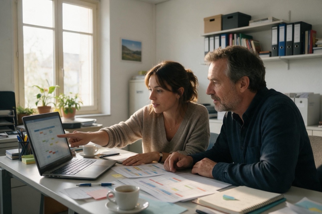 Deux collègues passant en revue un planning de visites sur un ordinateur portable